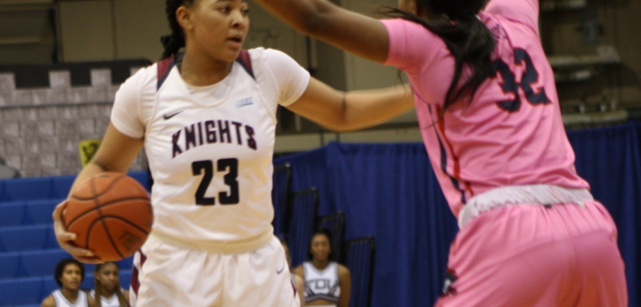 Junior forward Jenna Clark (23) scored 5 points in only 9 minutes for FDU due to foul trouble